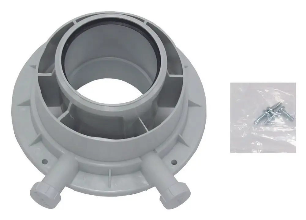 Geräteanschlussstück aus grauem Kunststoff, mit zwei seitlichen Anschlüssen und integrierter Dichtung, geeignet für Vaillant Produkte. Schrauben im Beutel daneben.